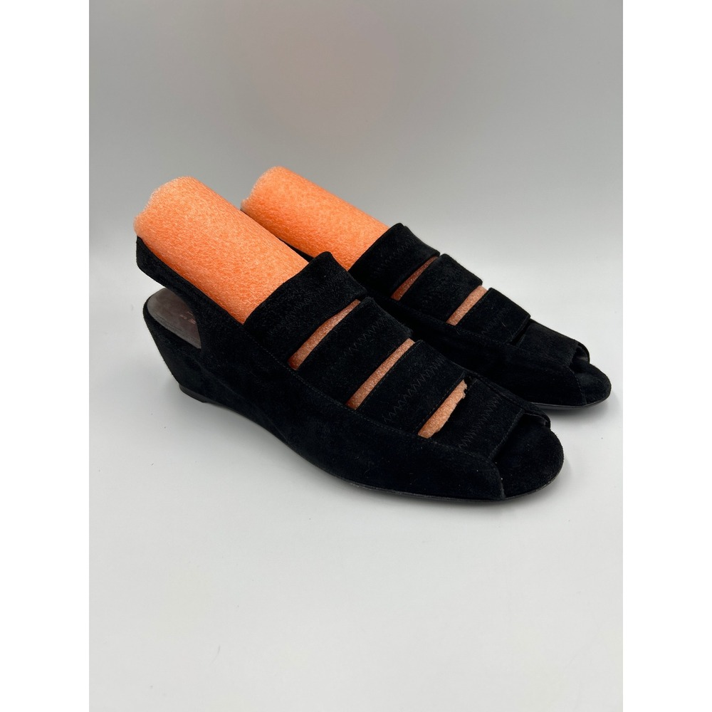 Stuart Weitzman Black Suede Peep Toe Wedge Sandals Multi Strap Slingback 8.5 - Picture 3 of 8
